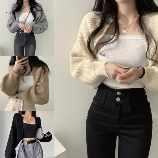 X7YA Women Long Sleeve Open Front Crop Tops Cropped Boleros Shrug Cardigan Sweater