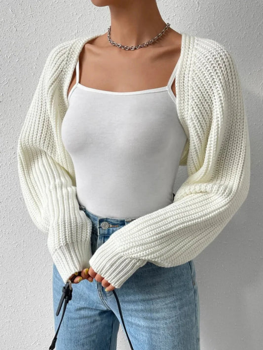 Women's Bolero Shrug, Ultra-Short Crochet Cardigan, Casual Solid Long Sleeve Sweater, Knitwear Cropped Tops, Ribbed Shrug Sweaters